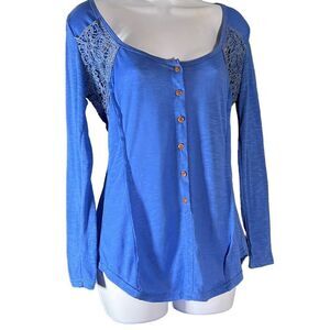 Women's Long Sleeve Tops Lace Trim Patchwork Tee Button Closure Blue Size S/M